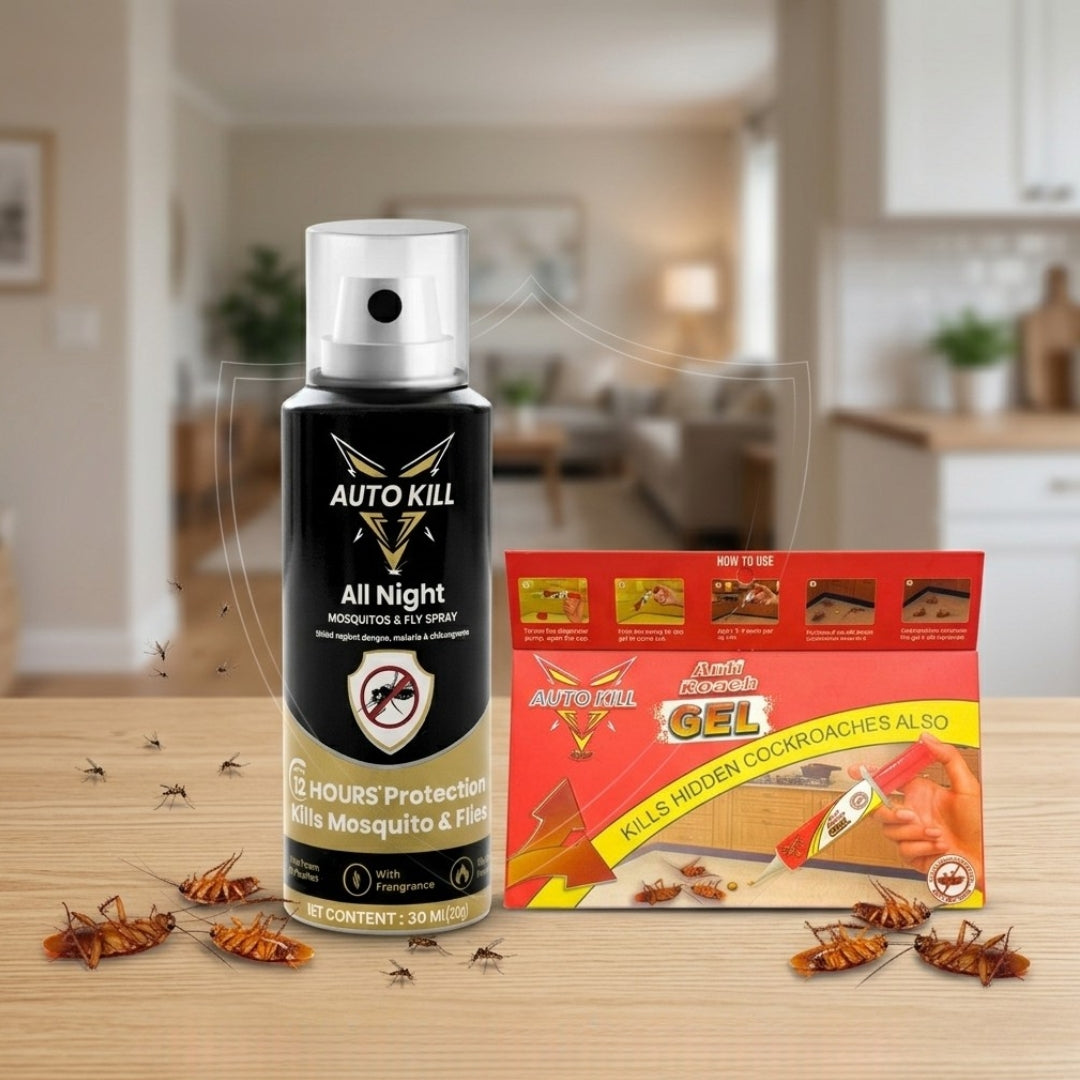 AutoKill Pest Control Combo - 2-in-1 Mosquito & Fly Spray (600ml) + Anti-Roach Cockroach Killer Gel (20g) | Total Home Protection