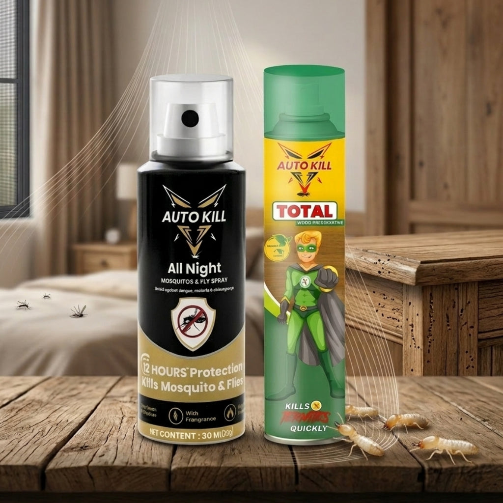 AutoKill Home Defense Combo: 2-in-1 Mosquito & Flies Killer + Eco-Friendly Termite & Wood Borer Spray | Total Pest Protection Kit